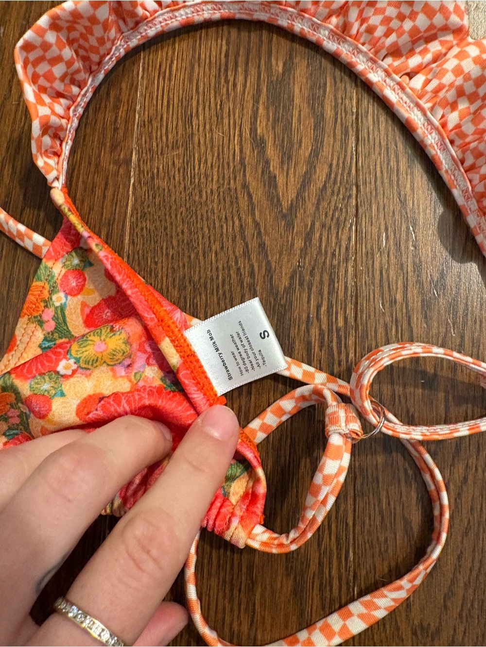 Strawberry Milk Mob Orange Floral Check Bikini Top - Picture 2 of 4